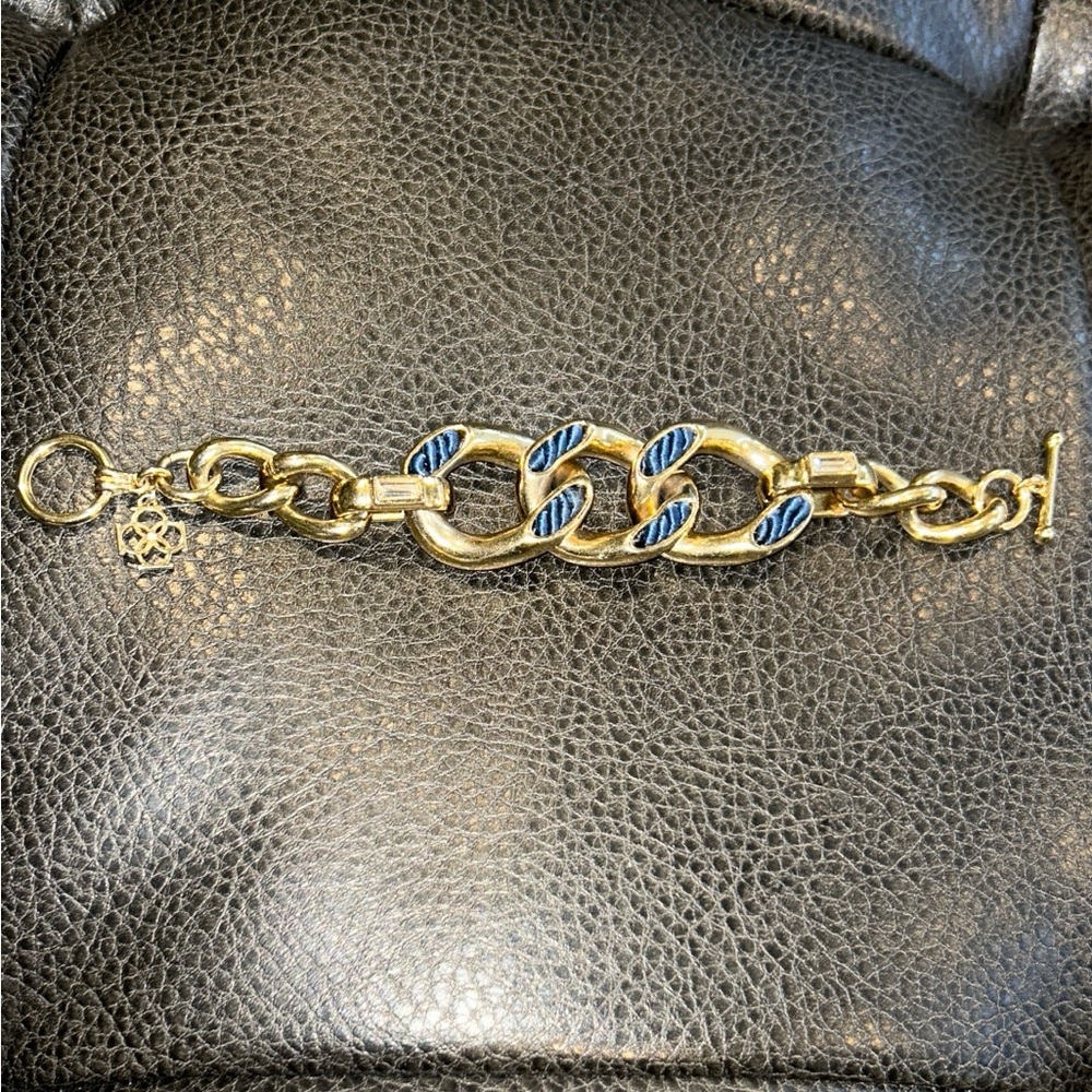 Anne Taylor Chunky Gold and Blue Fabric Chain Bracelet with two clear stones - Picture 3 of 6